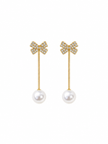 Crystal Bow Pearl Drop Earrings in gold-tone with crystal pavé bow and faux pearl drop