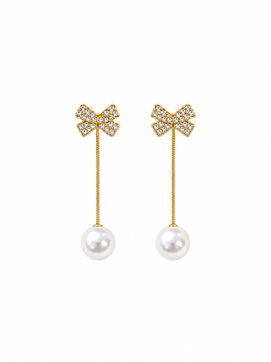 Crystal Bow Pearl Drop Earrings in gold-tone with crystal pavé bow and faux pearl drop
