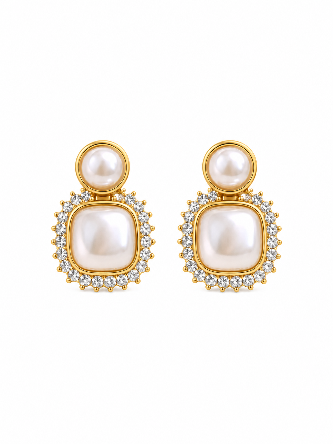 Pearl Crystal Square Drop Earrings in gold-tone 316L stainless steel