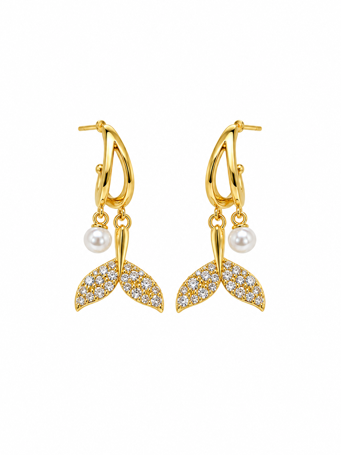 Mermaid Tail Pearl Drop Earrings in gold-tone 316L stainless steel