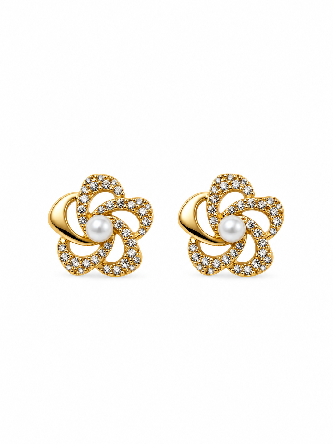 Pearl Floral Swirl Stud Earrings in gold-tone 316L stainless steel with cubic zirconia and pearl centre