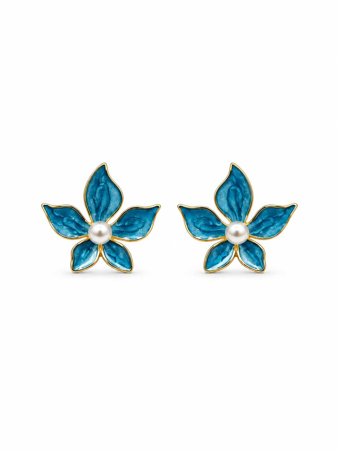 Blue enamel flower pearl stud earrings