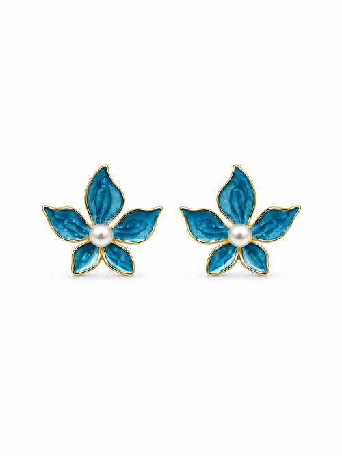 Blue enamel flower pearl stud earrings