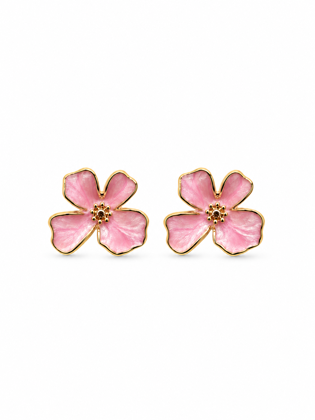 Pink flower stud earrings in gold-tone 316L stainless steel