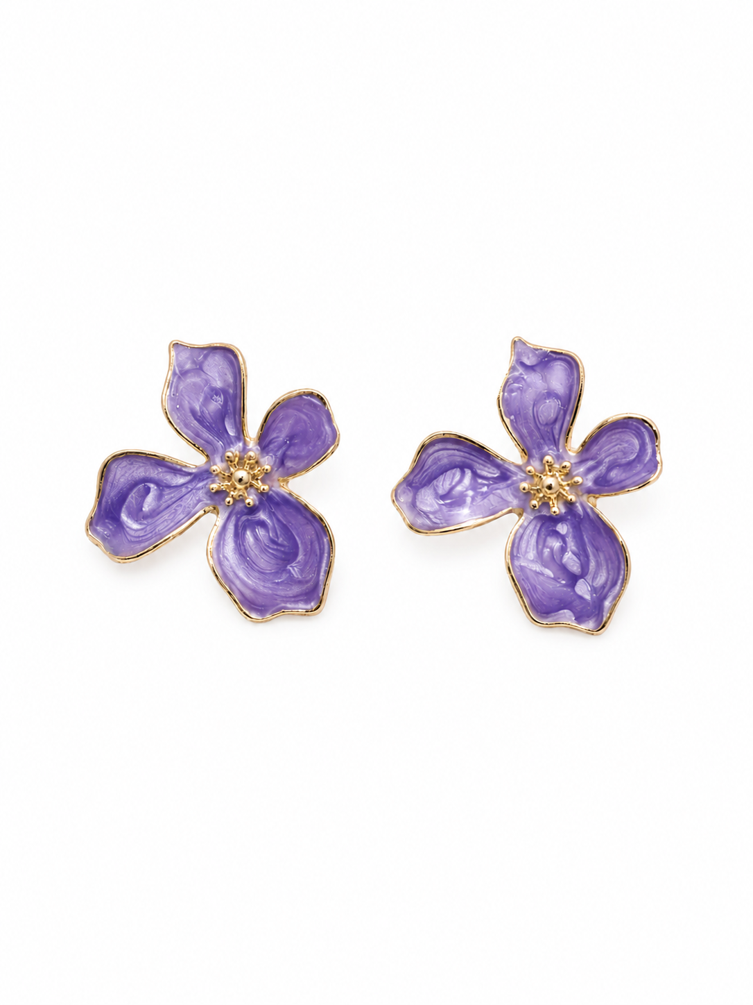 Purple floral enamel stud earrings with gold-tone finish