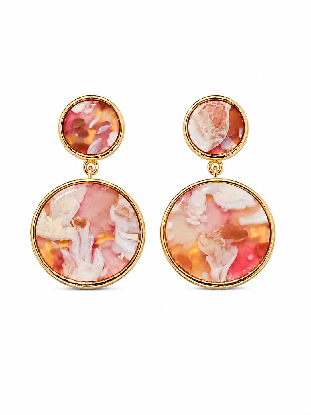 Double disc drop earrings in rose marble resin with gold-tone 316L stainless steel frame