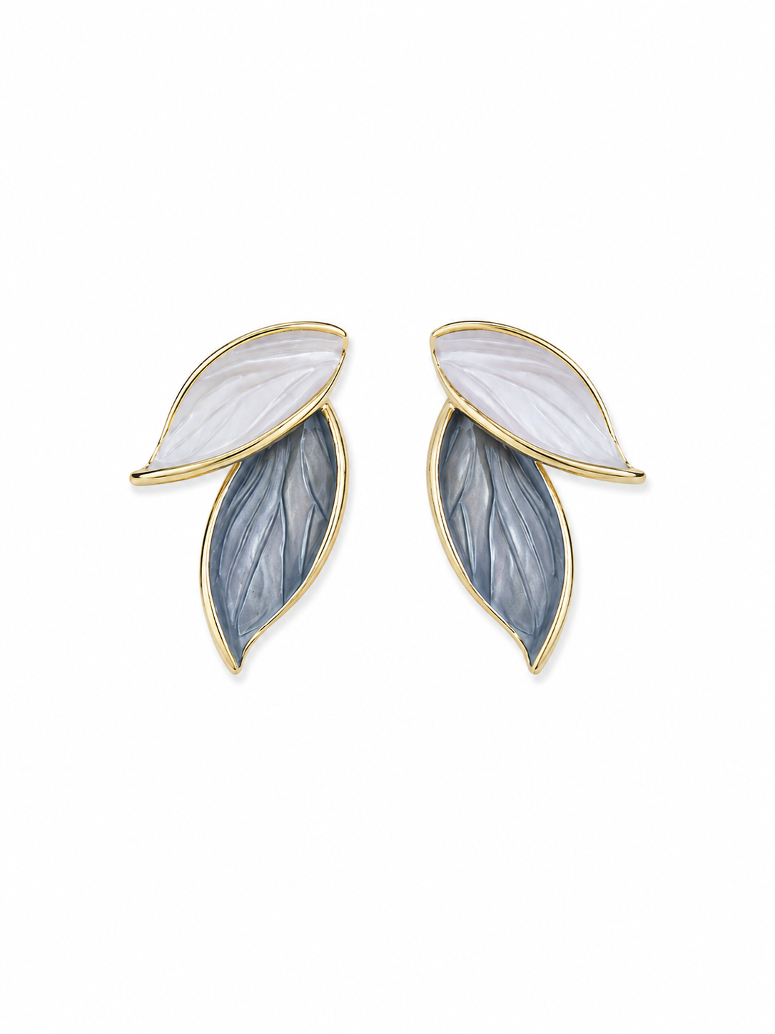 Dual leaf carved stone earrings with white and grey stones in gold-tone frame