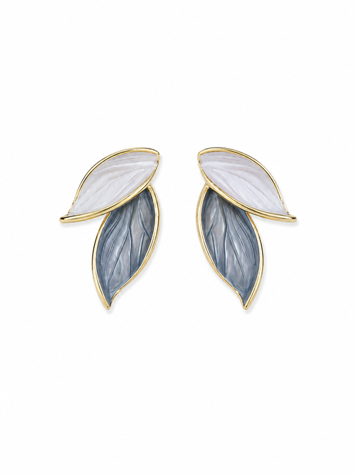 Dual leaf carved stone earrings with white and grey stones in gold-tone frame