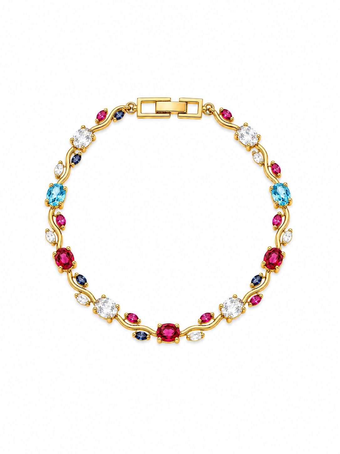Multicolor gemstone tennis bracelet in gold-tone 316L stainless steel with ruby, blue topaz, sapphire and clear crystal stones