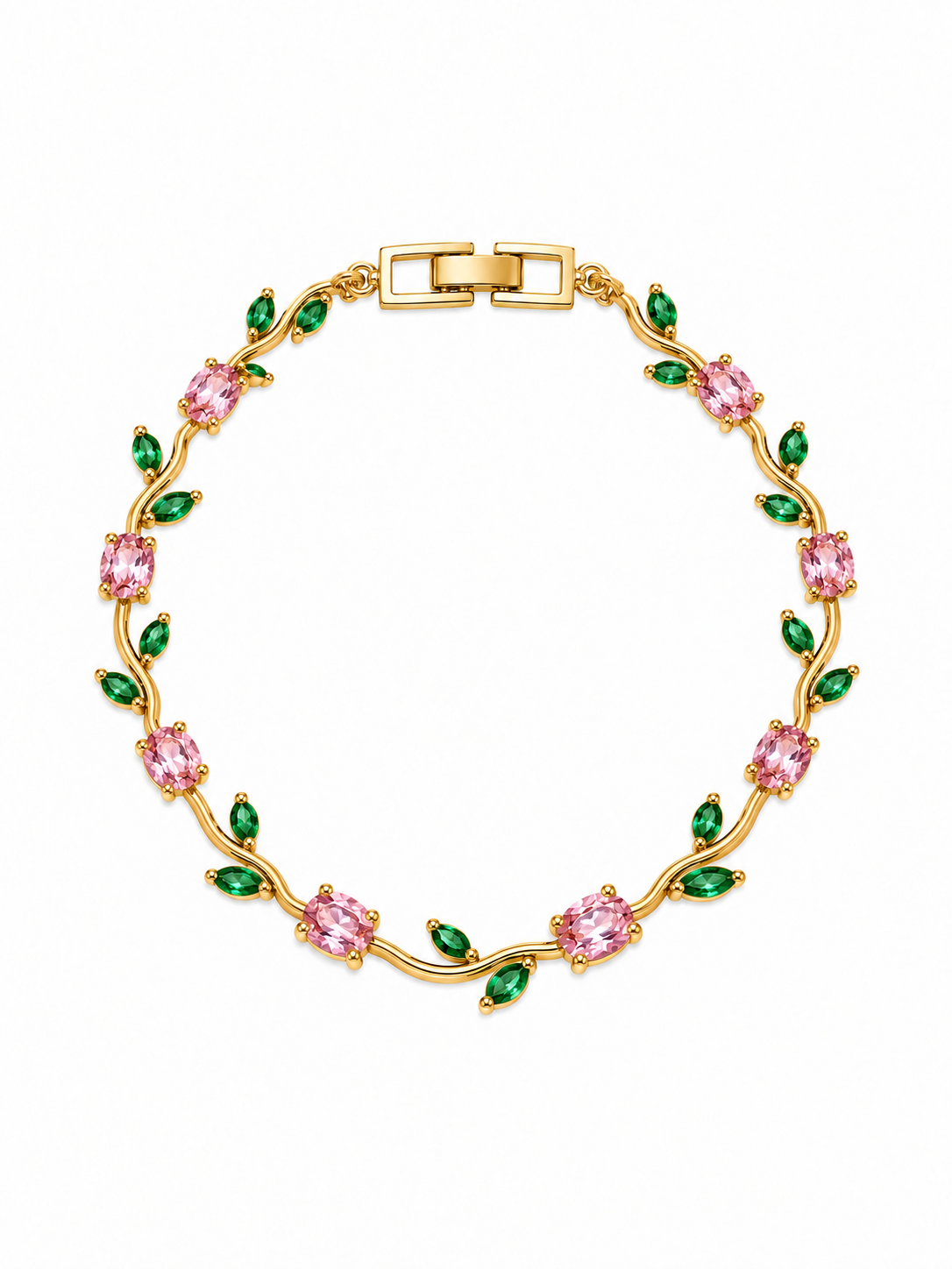 Tulip Garden Bracelet with pink CZ and emerald green leaf stones on gold-tone 316L stainless steel