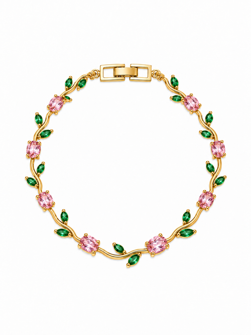 Tulip Garden Bracelet with pink CZ and emerald green leaf stones on gold-tone 316L stainless steel