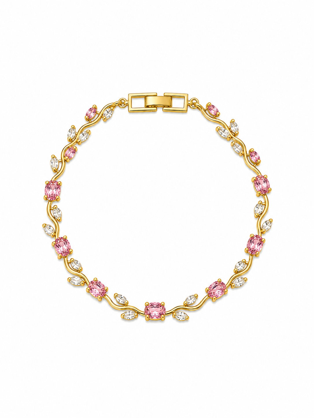 Pink Tulip Tennis Bracelet with alternating pink and clear crystals on a gold-tone vine setting