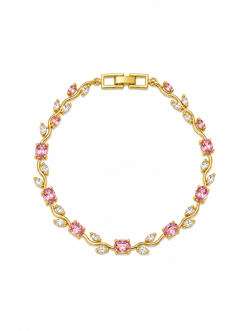 Pink Tulip Tennis Bracelet with alternating pink and clear crystals on a gold-tone vine setting