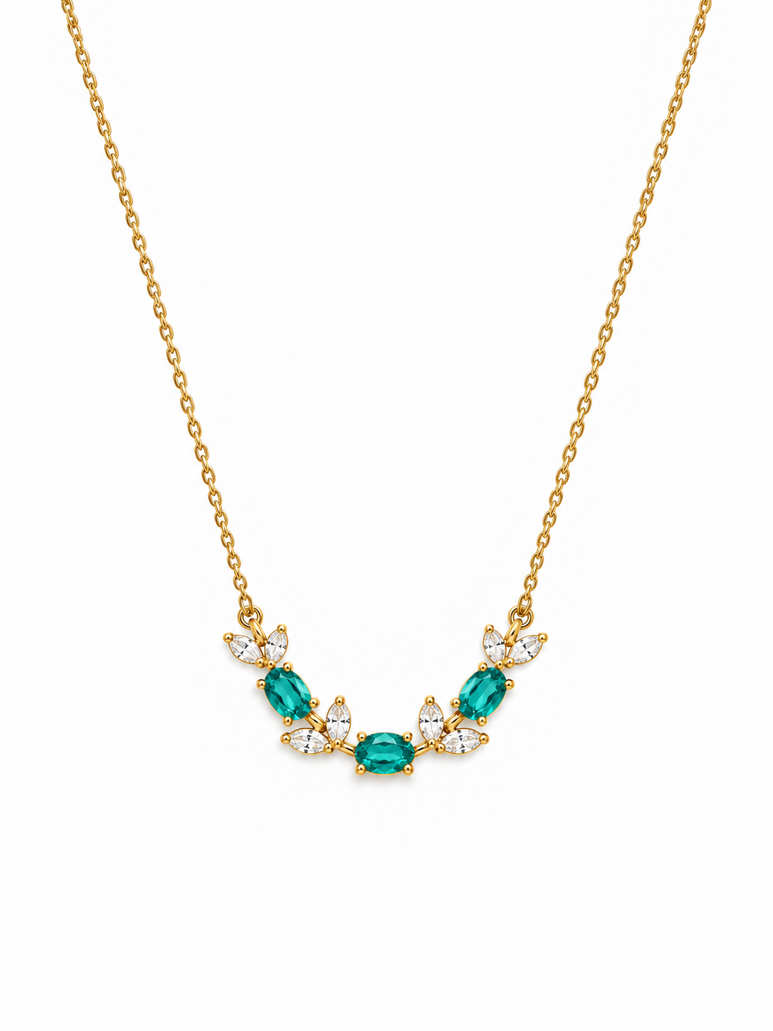 Emerald Tulip Necklace with green oval stones and marquise crystals on gold chain