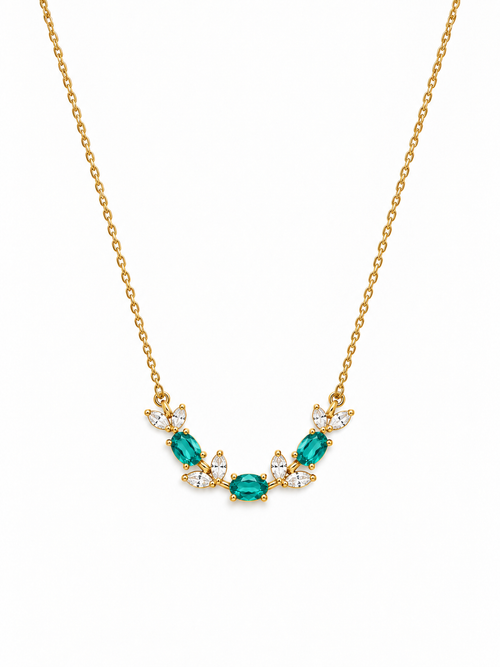 Emerald Tulip Necklace with green oval stones and marquise crystals on gold chain