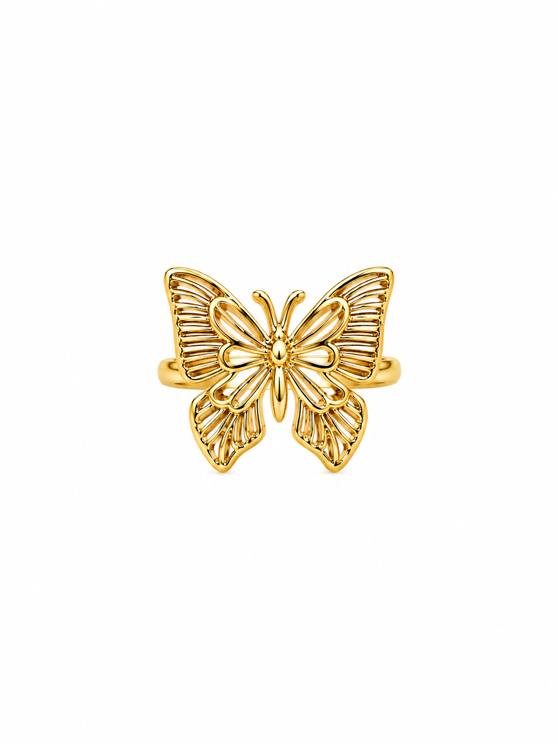 Gold butterfly ring with open filigree wing design