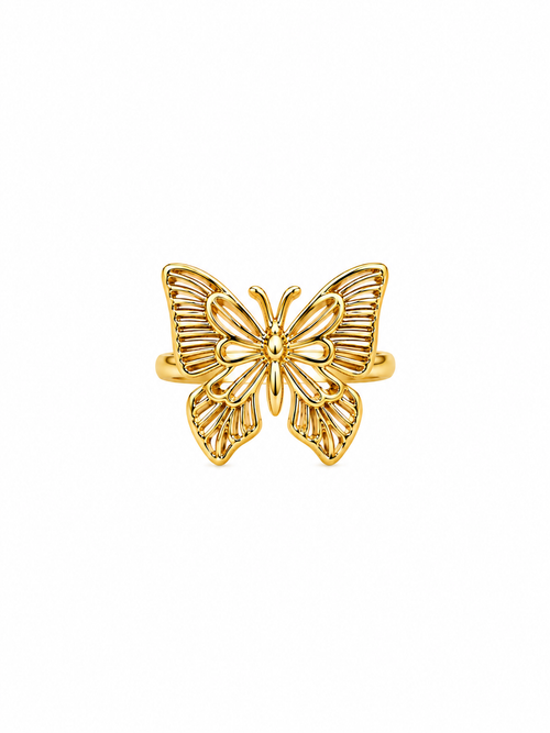 Gold butterfly ring with open filigree wing design