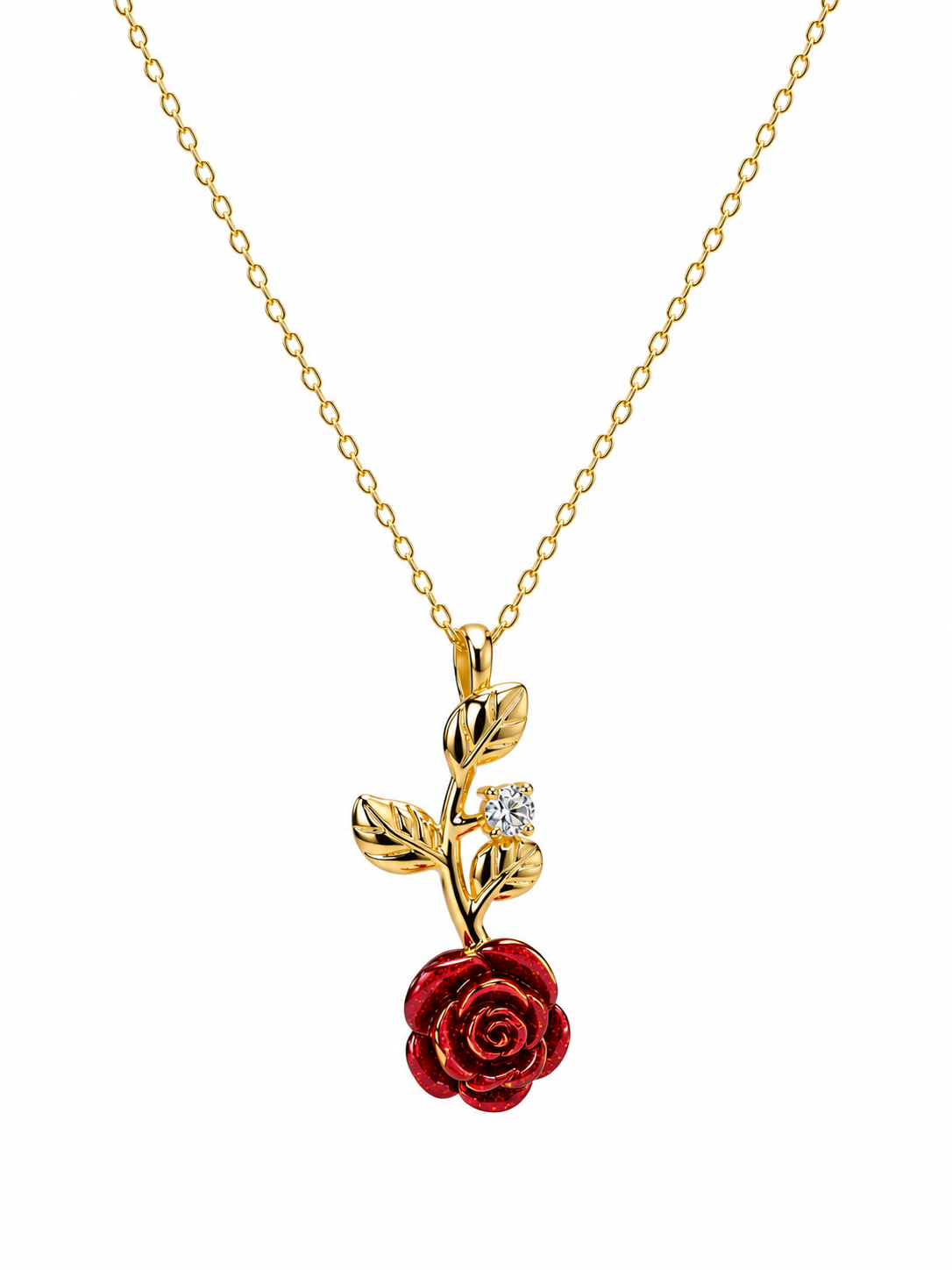 Gold Leaf and Crimson Rose Necklace - close up pendant